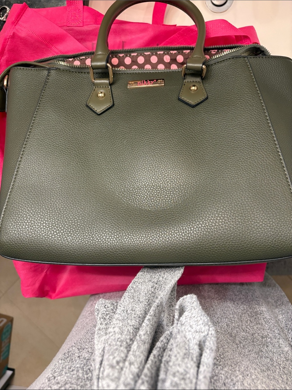 Nicole Lee Olive Green Satchel with Pink Polka Dot Liner